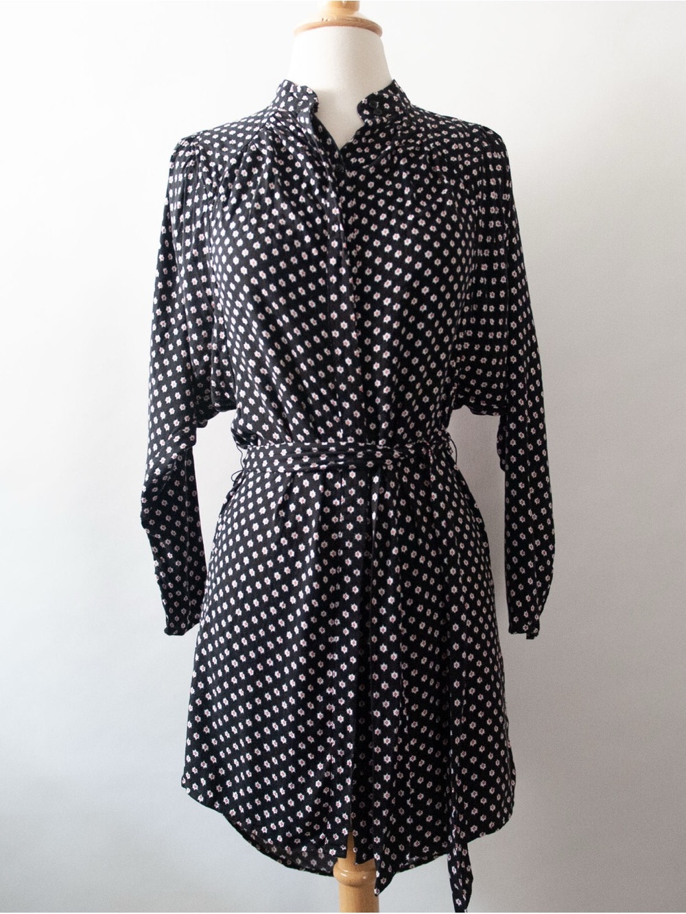 Joie Black Long-Sleeve Shirt Dress with Pink Dot Print